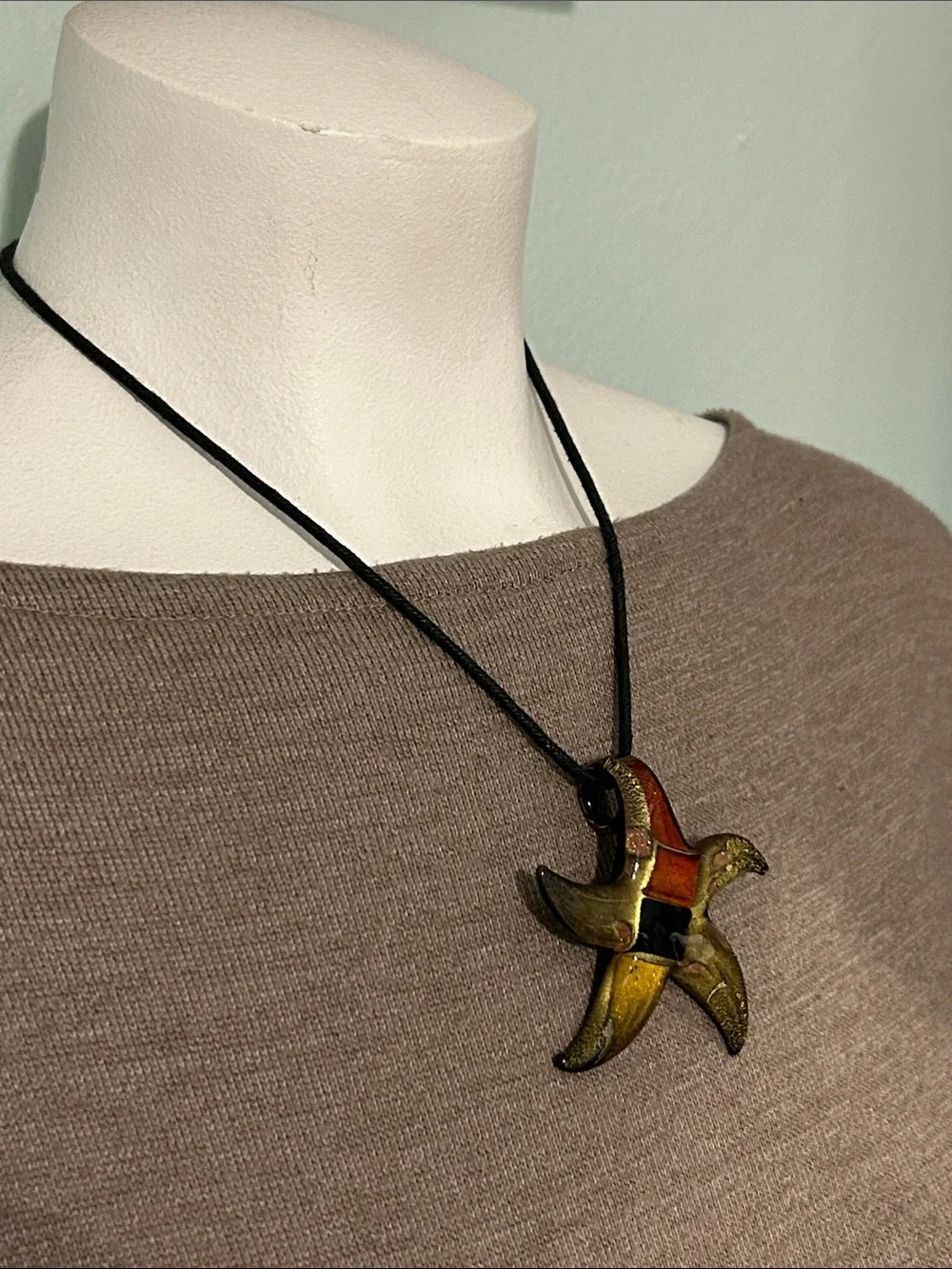 Glass starfish Pendant Necklace - Black Cord gold black orange